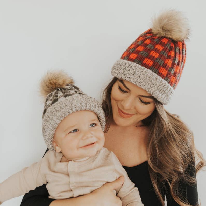 Grey Buffalo Check Pom Pom Beanie Hat