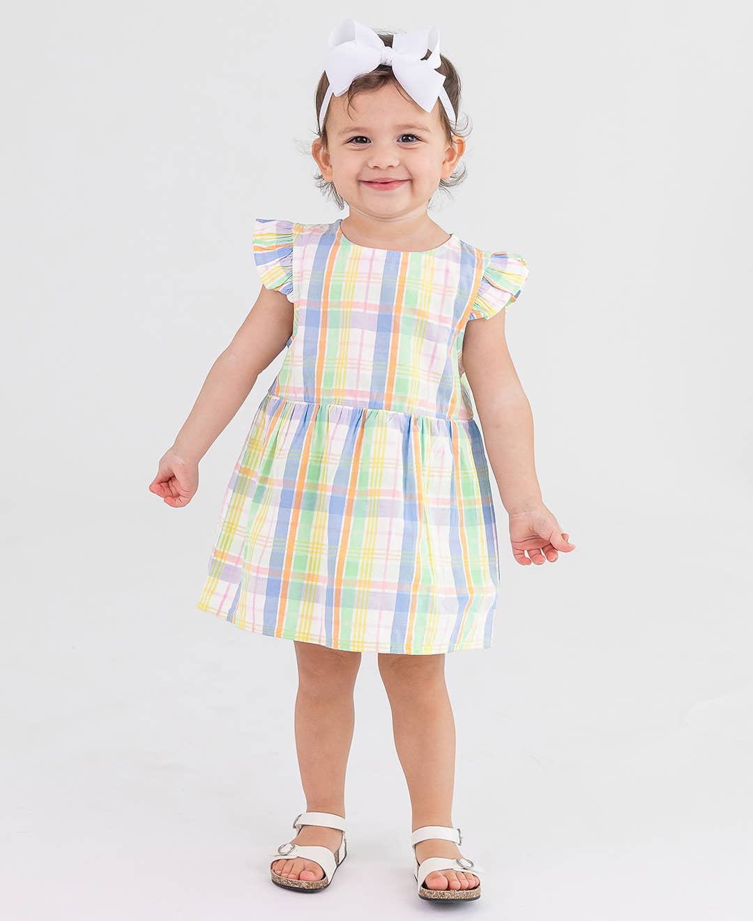 Clubhouse Rainbow Plaid Flutter Sleeve Skirted Romper