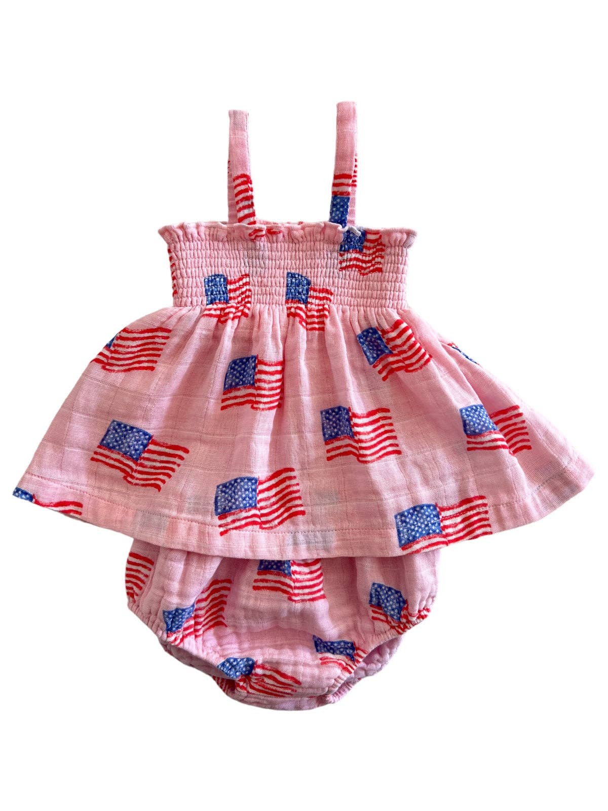 Muslin Smocked Top & Bloomer, American Flag Pink