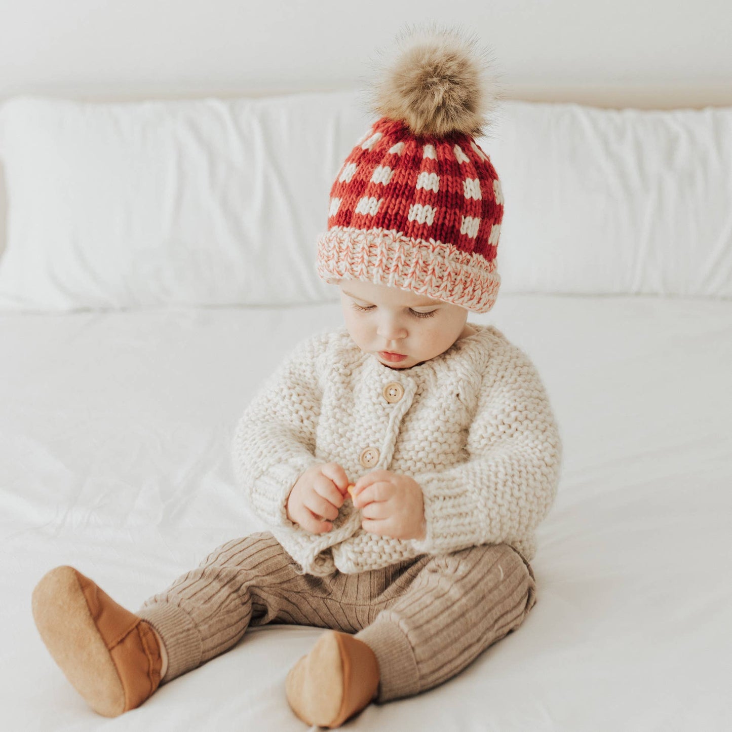 Huggalugs - Festive Buffalo Check Pom Pom Beanie Hat Baby & Kids
