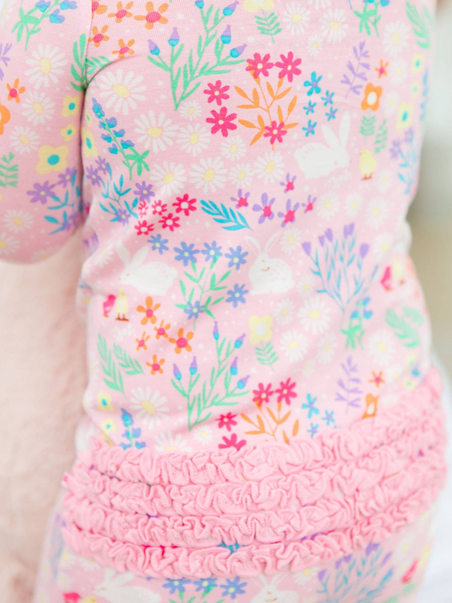 RuffleButts + RuggedButts - Baby Girls Bunny and Friends Bamboo Viscose Footed Ruffle One Piece Pajama
