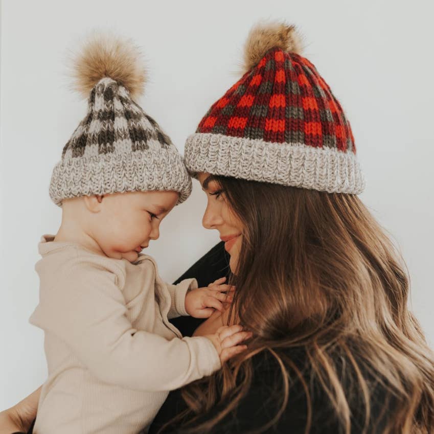 Grey Buffalo Check Pom Pom Beanie Hat