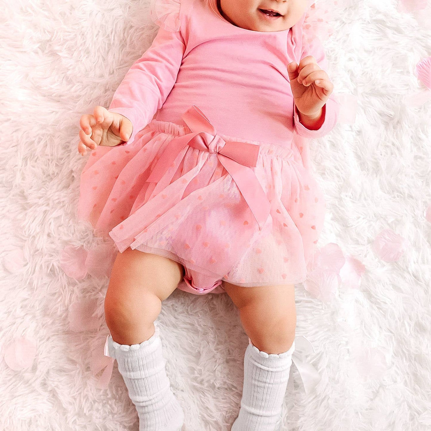 Flocked Heart Valentine's Day Tiered Long Sleeve Tutu Bodysuit
