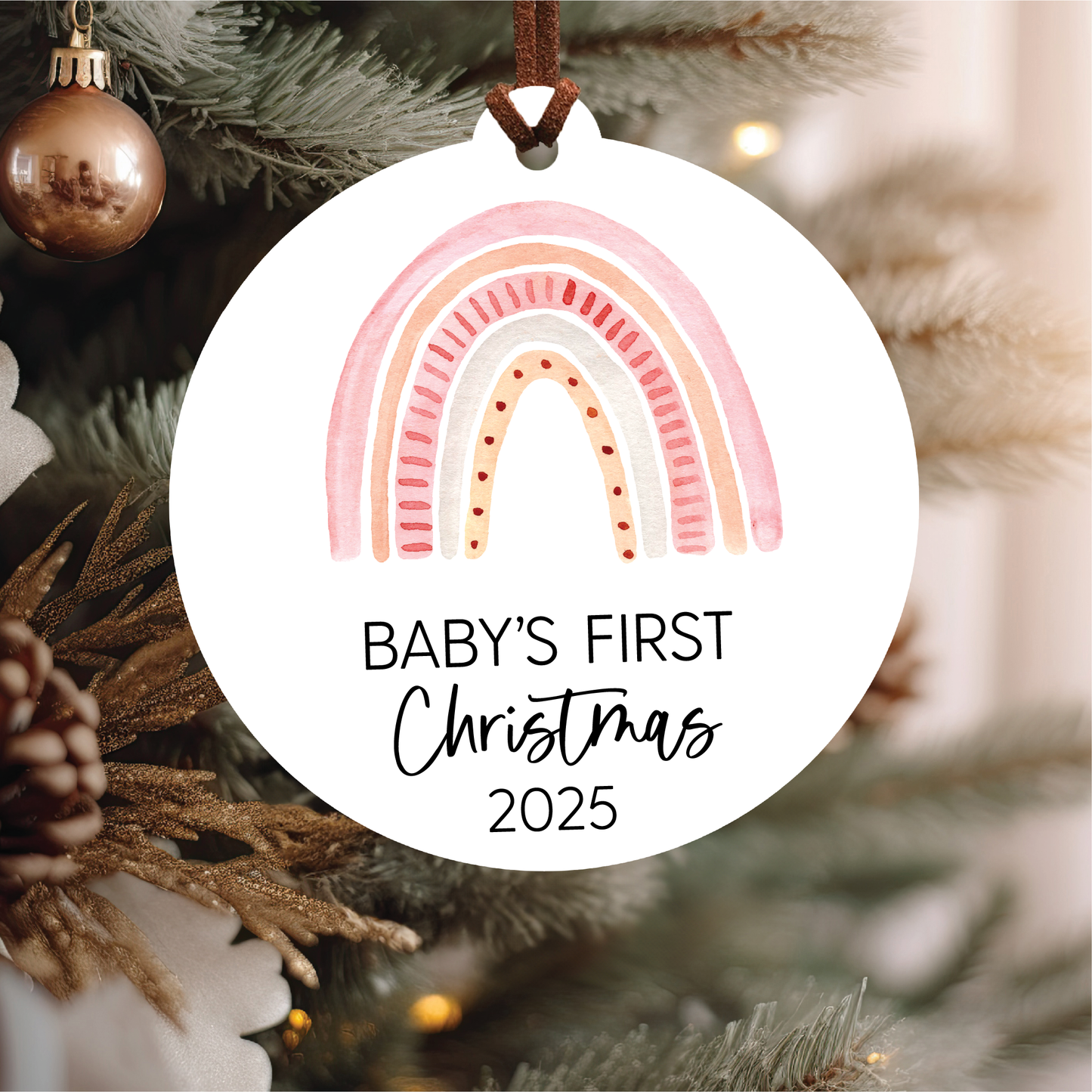 Baby's First Christmas Ornament 2025 | Pink Boho Rainbow