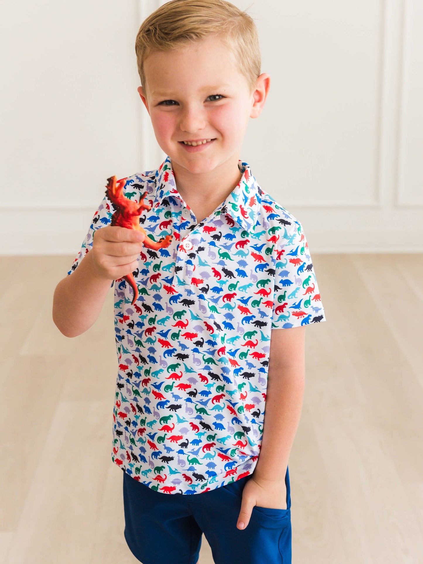 Boys Dino Roar Knit Short Sleeve Performance Polo