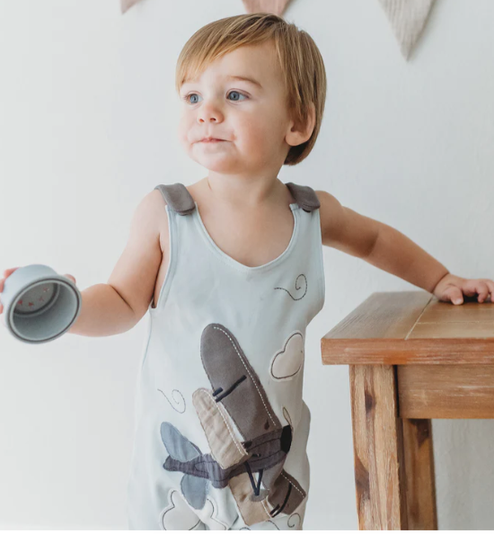 Organic Appliqué Harem Romper in Airplane