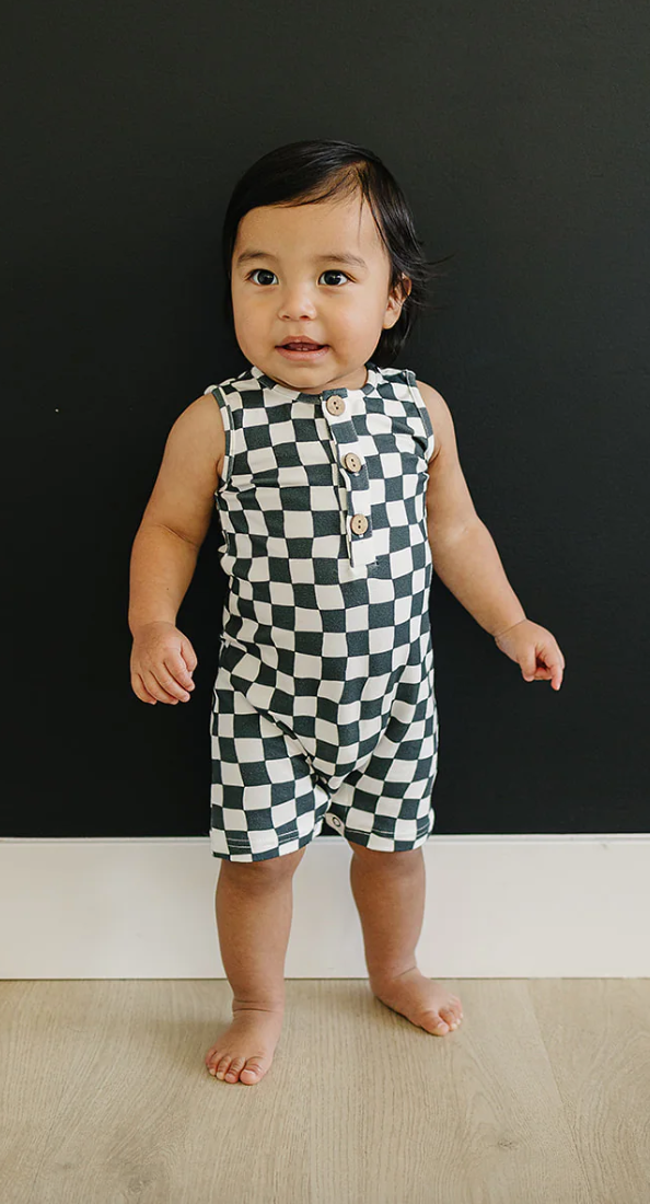 Charcoal Wavy Checkered Short Romper