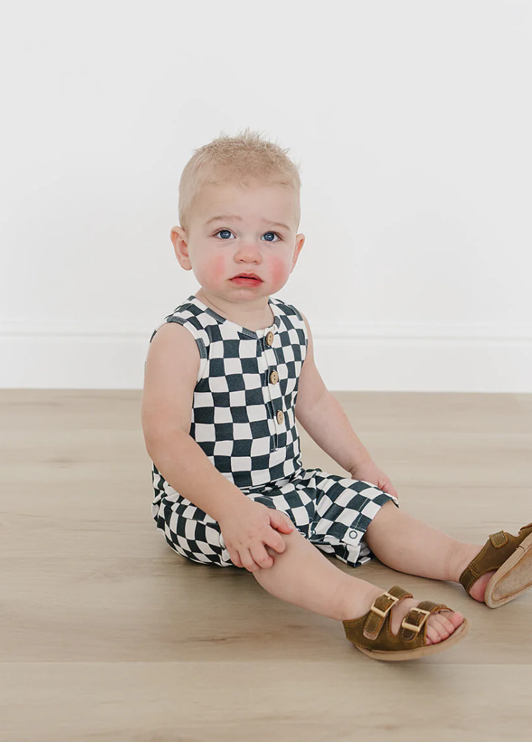 Charcoal Wavy Checkered Short Romper