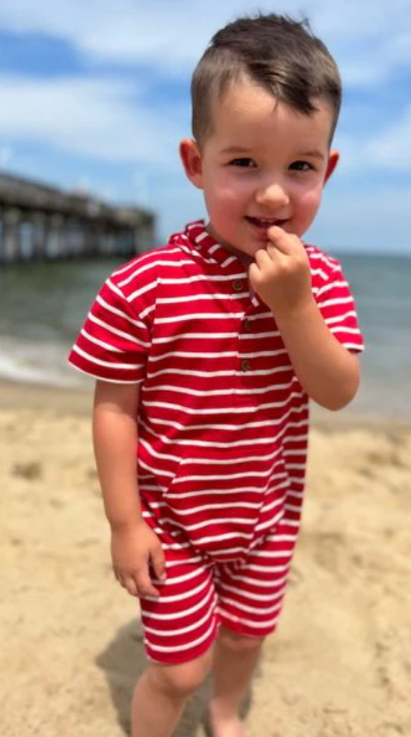 CHARLIE Red/White Striped Hooded Romper