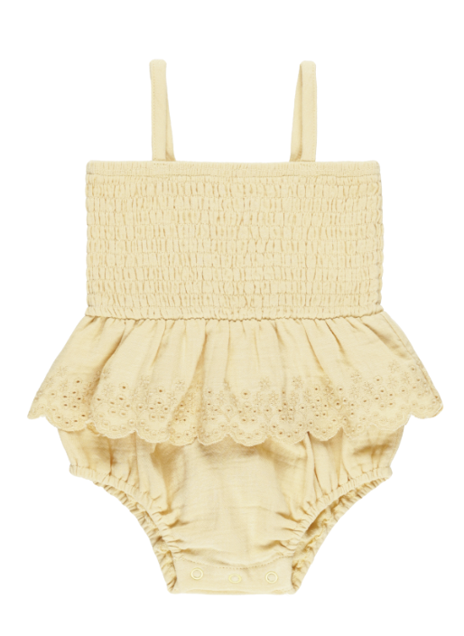 SMOCKED SKIRTED ROMPER || YELLOW