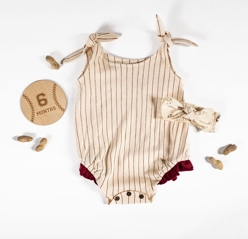 Crimson Pinstripe Organic Bowtie Shoulder Bodysuit
