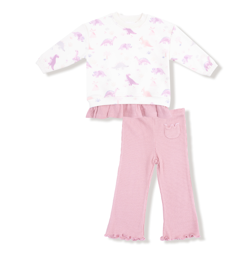 Soft Dino Pull Over Sweatshirt With Ruffle And Waffle Flare Pant