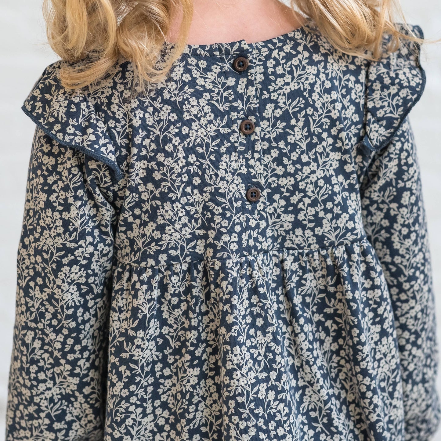 Colored Organics - Mika Ruffle Long Sleeve Dress - Chicory Floral / Navy
