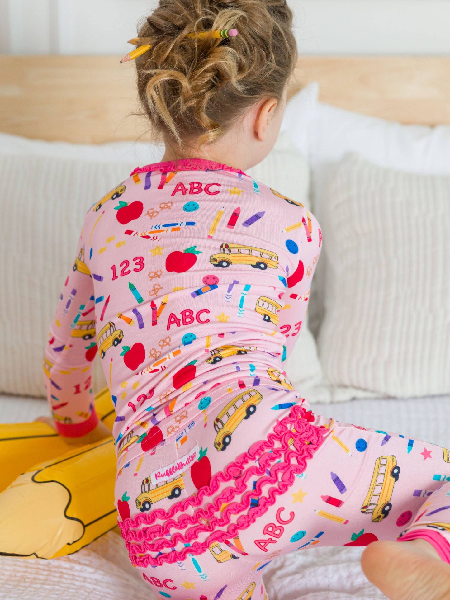 Pink School House Bamboo Viscose Ruffle Long Sleeve Pajama Set