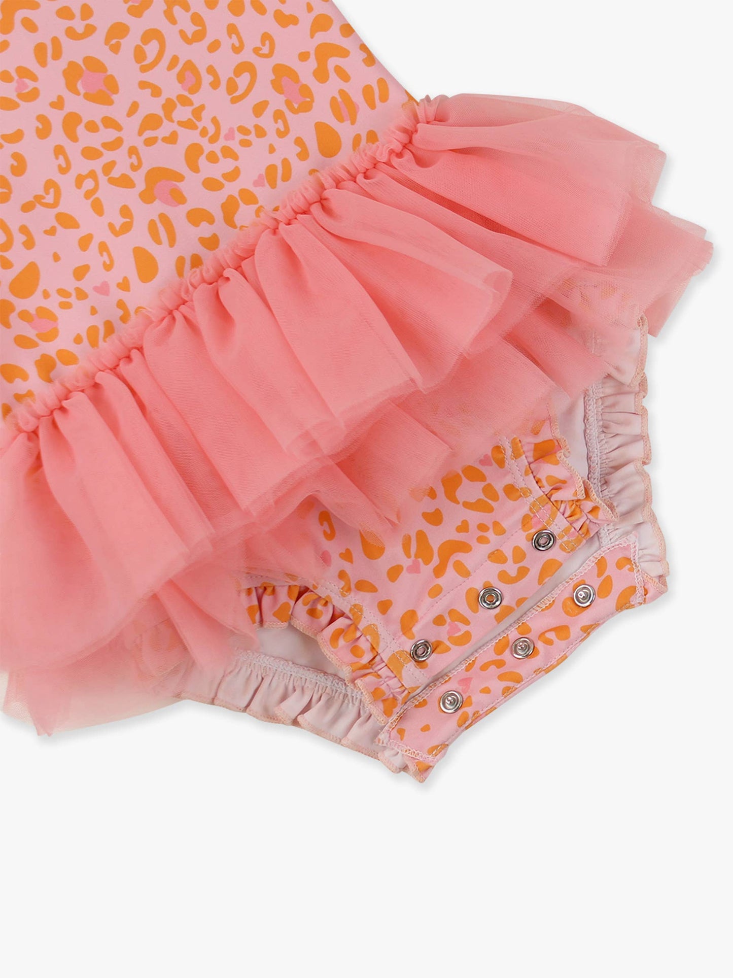 RuffleButts + RuggedButts - Baby Girls Pink Leopard Tulle Skirted One Piece Rash Guard Swimsuit