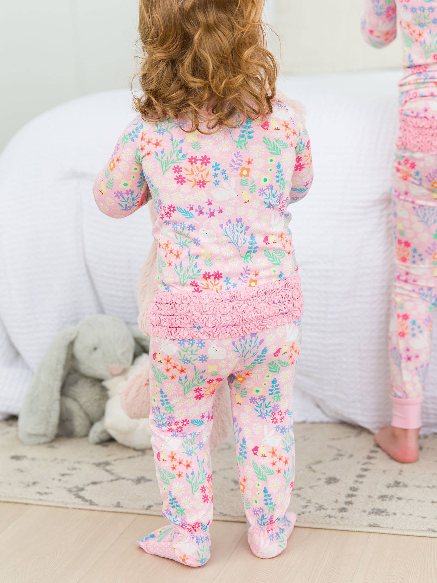 RuffleButts + RuggedButts - Baby Girls Bunny and Friends Bamboo Viscose Footed Ruffle One Piece Pajama