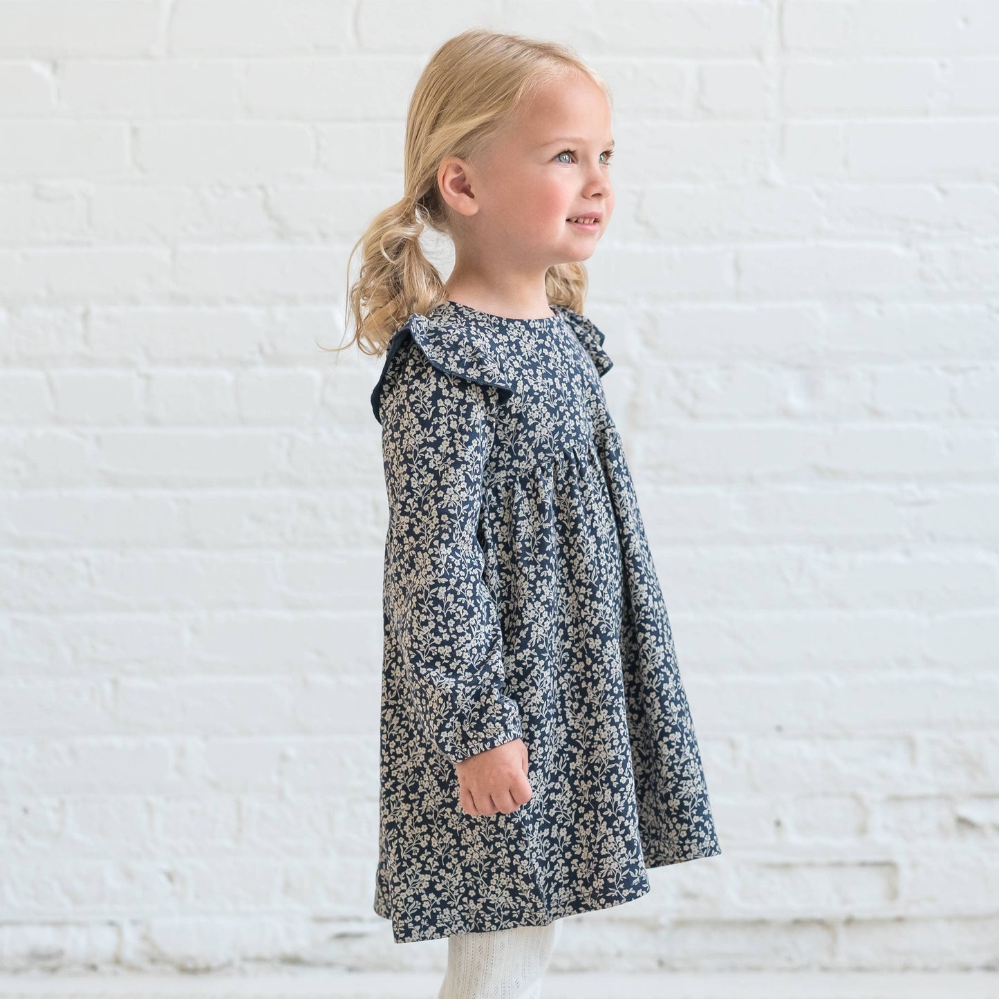 Colored Organics - Mika Ruffle Long Sleeve Dress - Chicory Floral / Navy