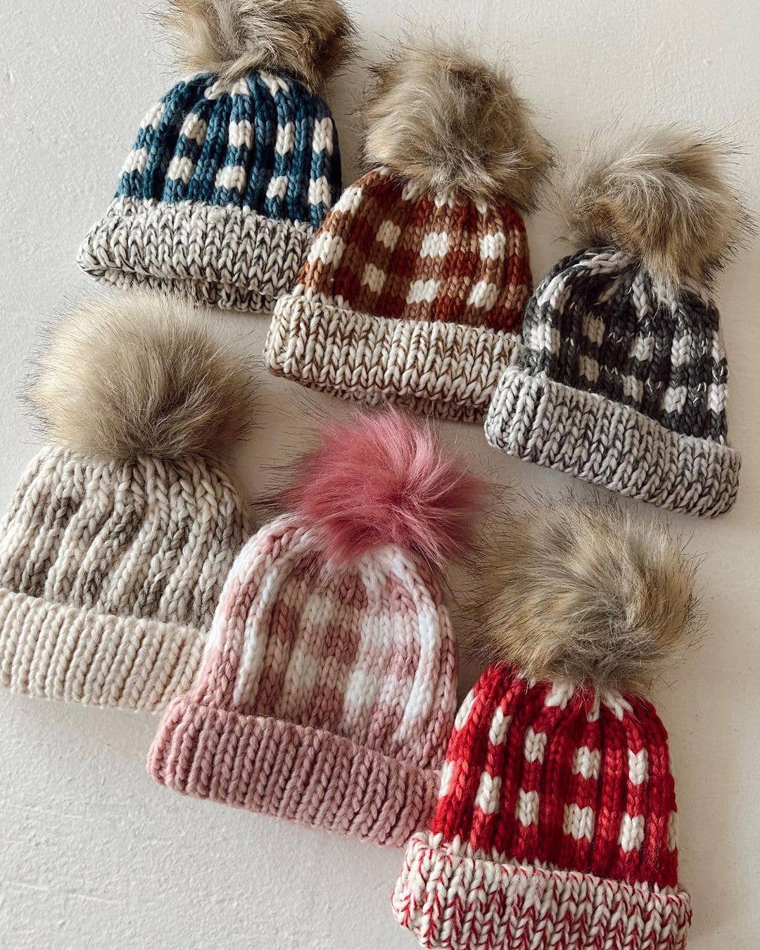Grey Buffalo Check Pom Pom Beanie Hat