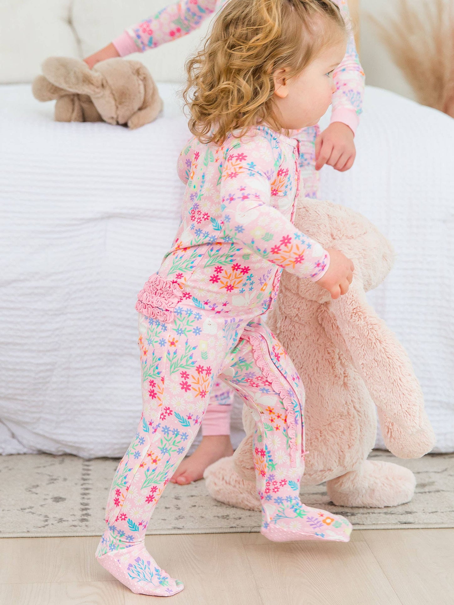 RuffleButts + RuggedButts - Baby Girls Bunny and Friends Bamboo Viscose Footed Ruffle One Piece Pajama