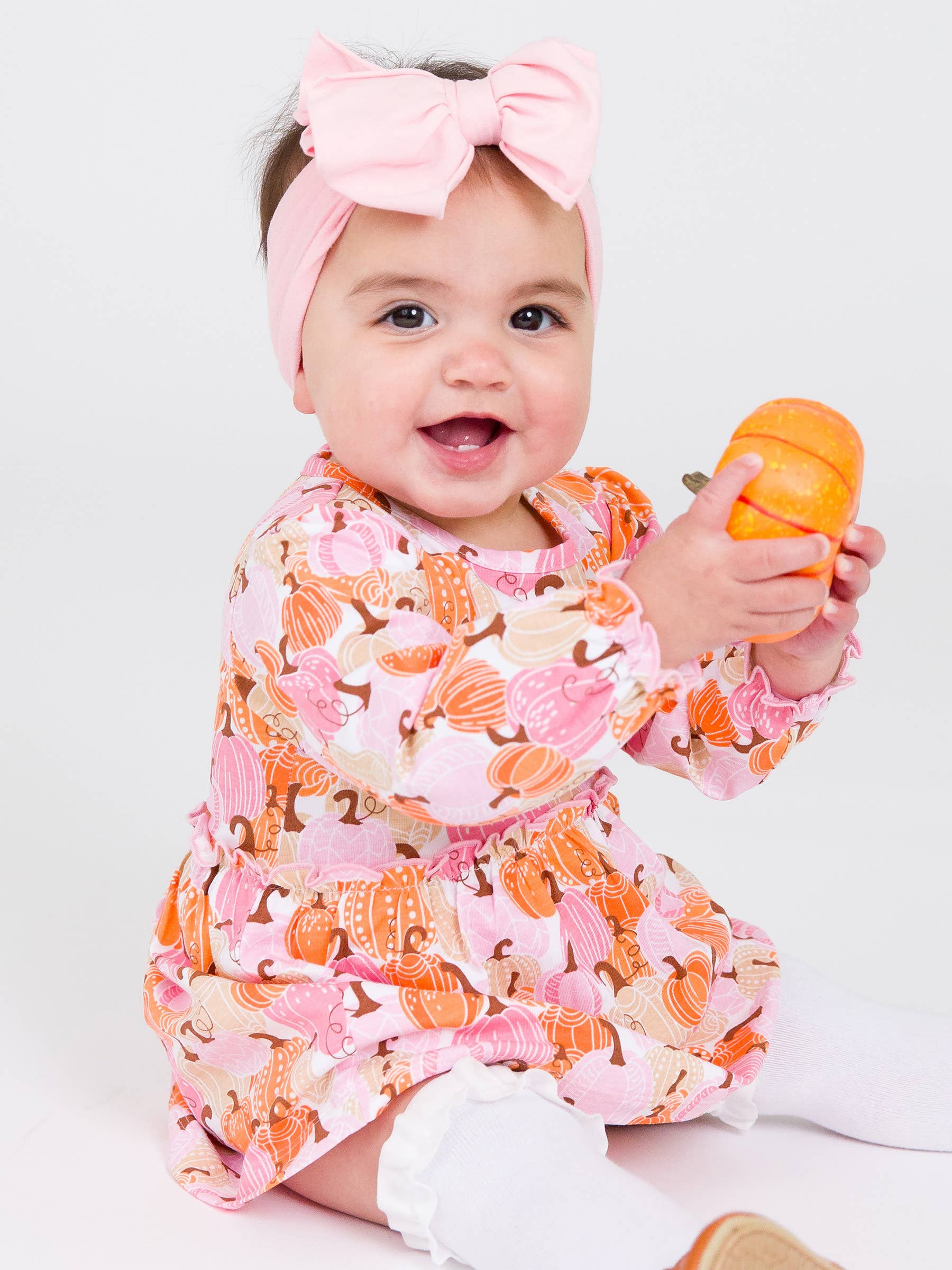 RuffleButts RuggedButts Baby Girls Pink Pumpkin Patch Knit Long Sleeve Skirted Romper Pink 3 6M