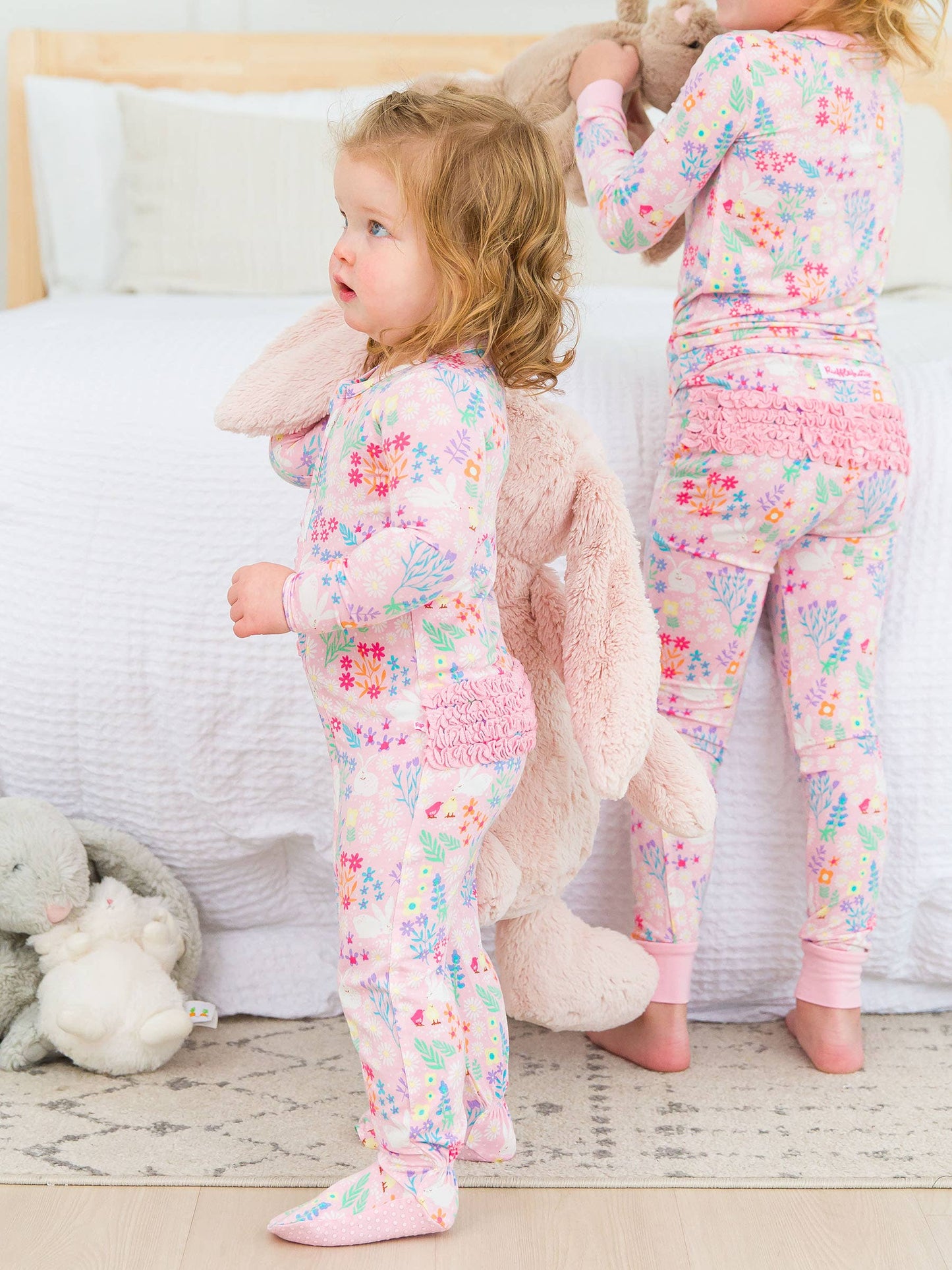RuffleButts + RuggedButts - Baby Girls Bunny and Friends Bamboo Viscose Footed Ruffle One Piece Pajama