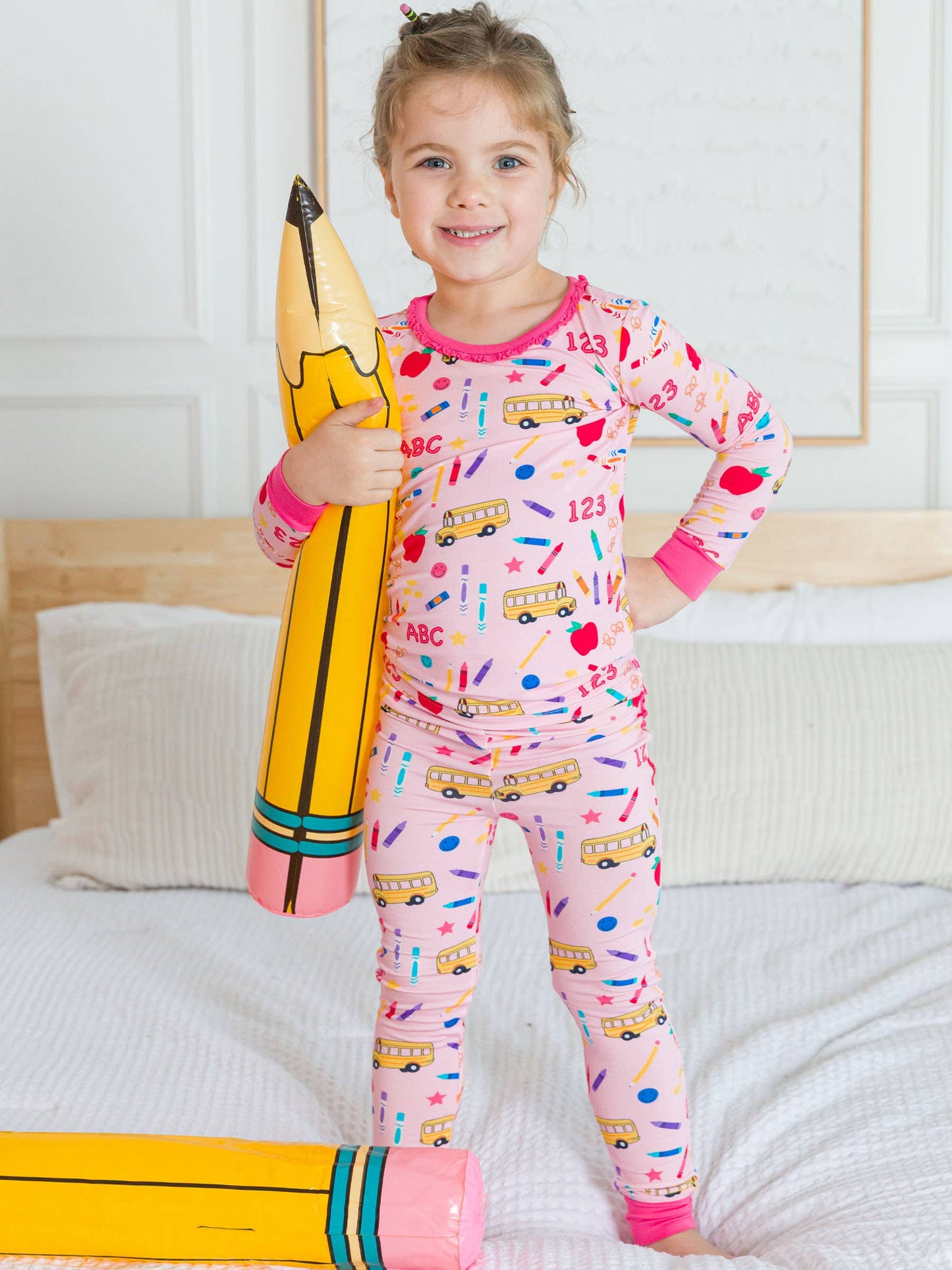 Pink School House Bamboo Viscose Ruffle Long Sleeve Pajama Set