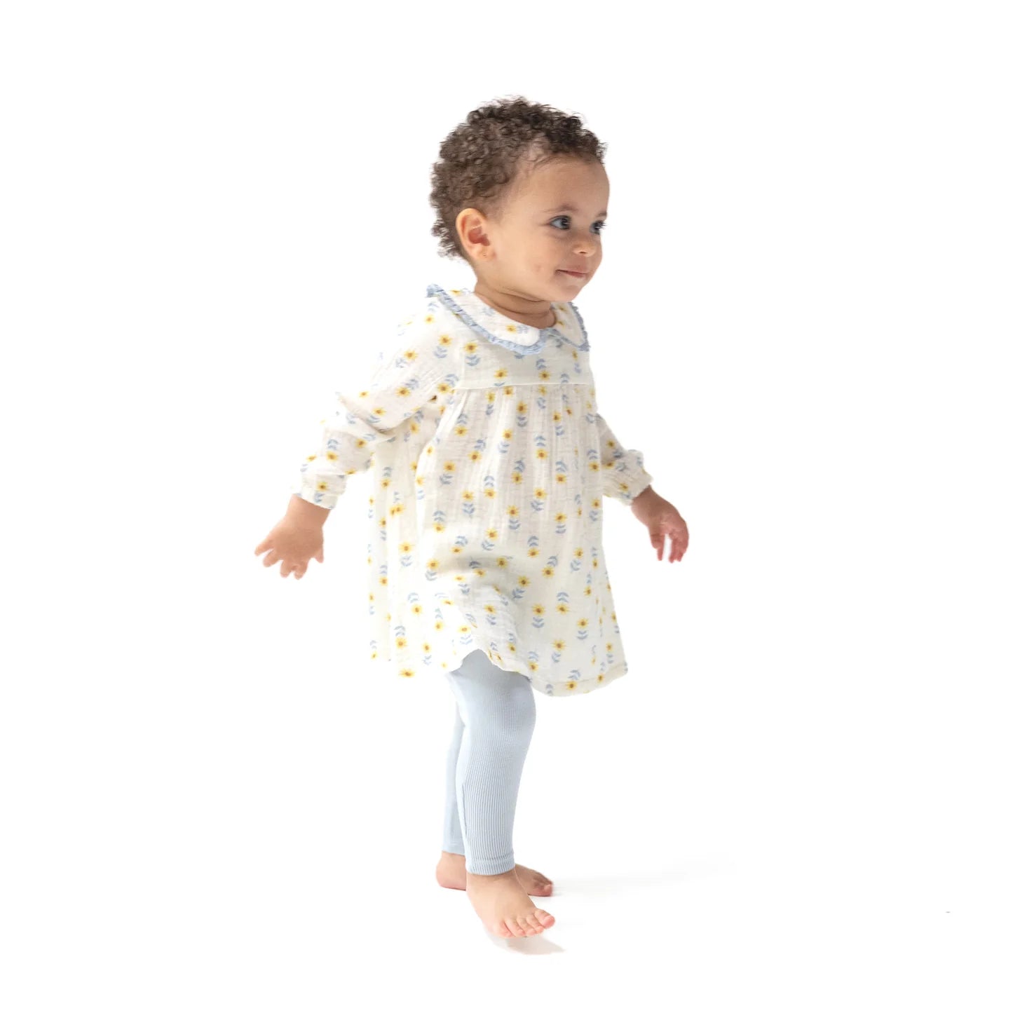 Peter Pan Collar Dress With Eyelet Trim And Ribbed Leggings in Western Sunflower