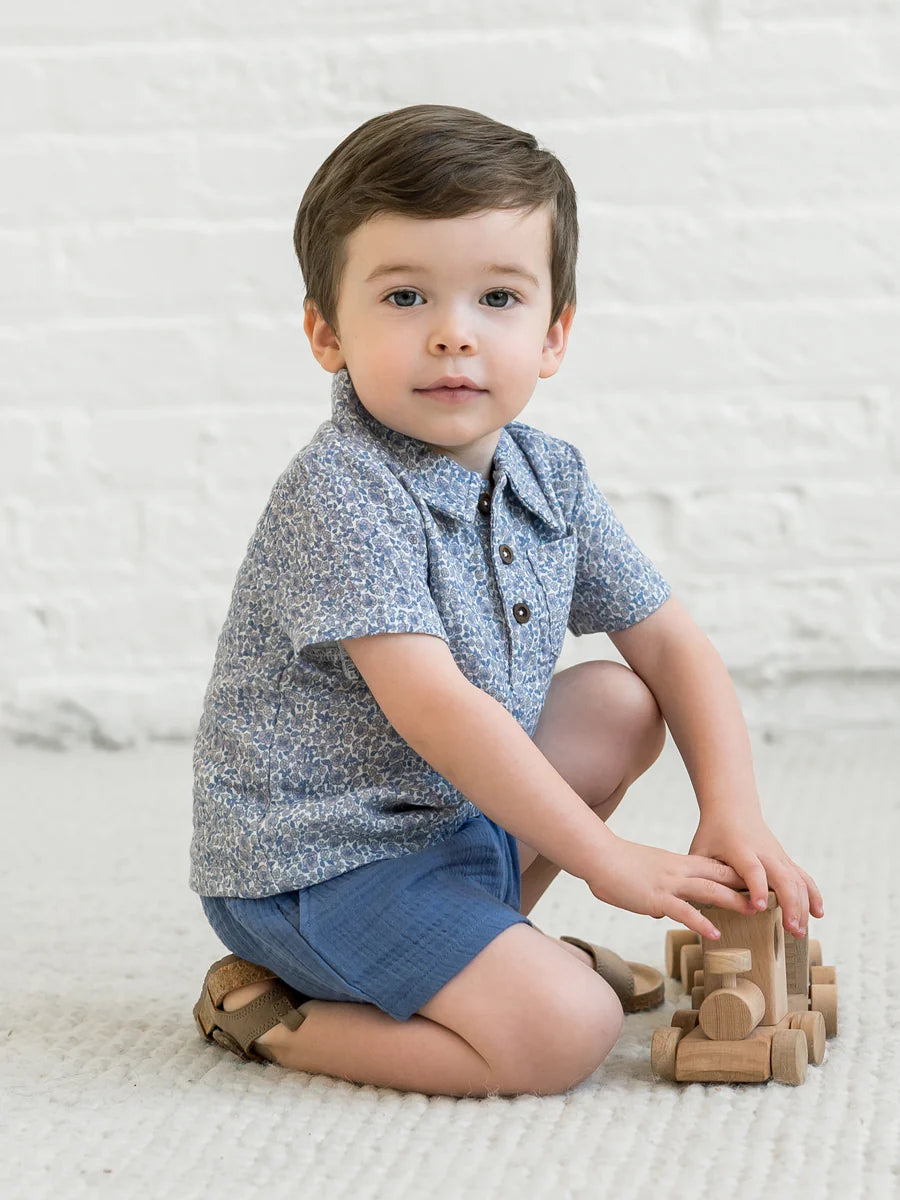 Organic Ezra Muslin Short Sleeve Polo - Gianni Floral/Marino