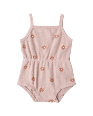 Waffle Cinch Romper || Pink Daisy