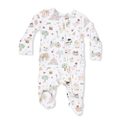 Cute Farm Animals Pink - 2 Way Ruffle Back Zipper Footie