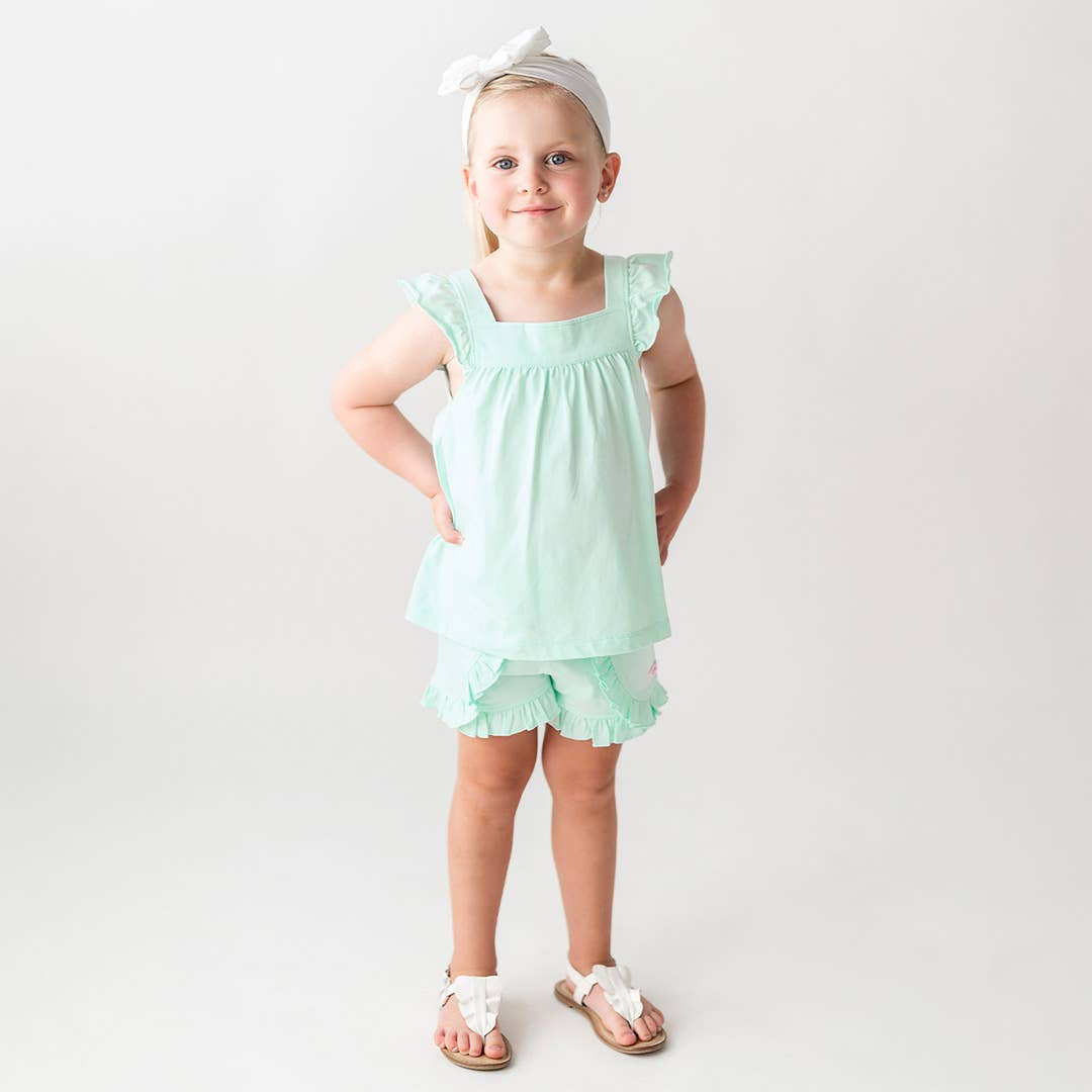 Light Aqua Ruffle Trim Knit Shorts