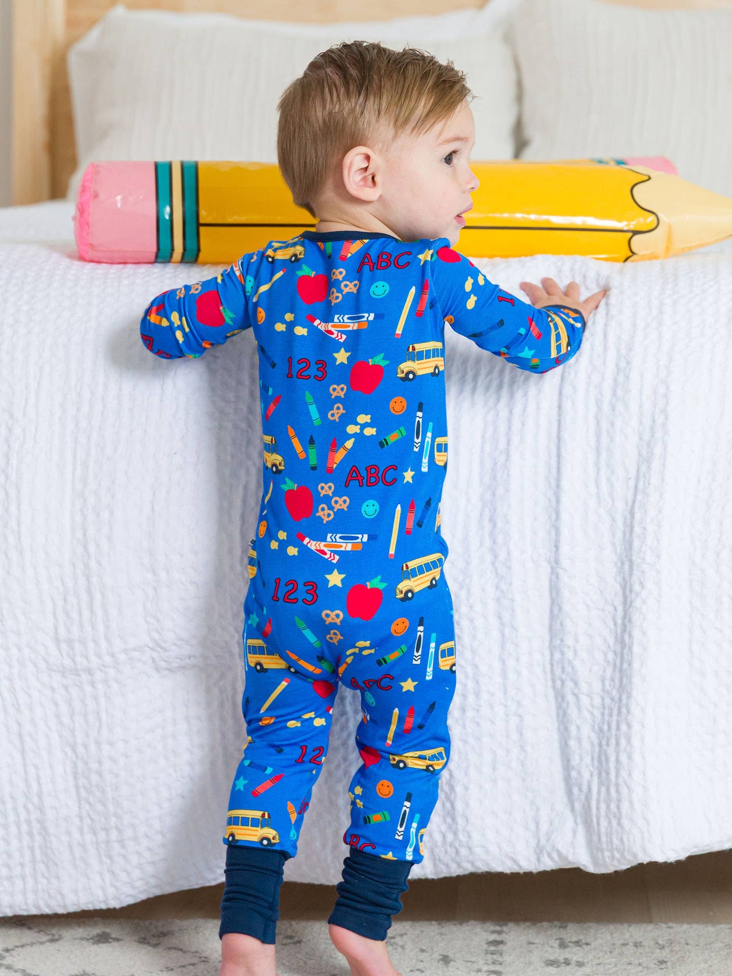 Baby Blue School House Bamboo Viscose Convertible One Piece Footie Pajama