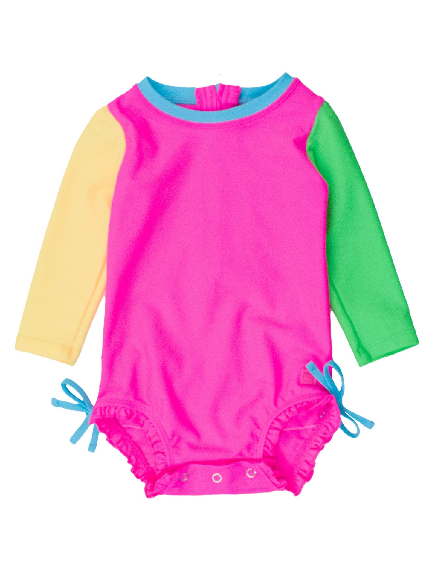 RuffleButts + RuggedButts - Baby Girls Neon Color Block Long Sleeve One Piece Rash Guard