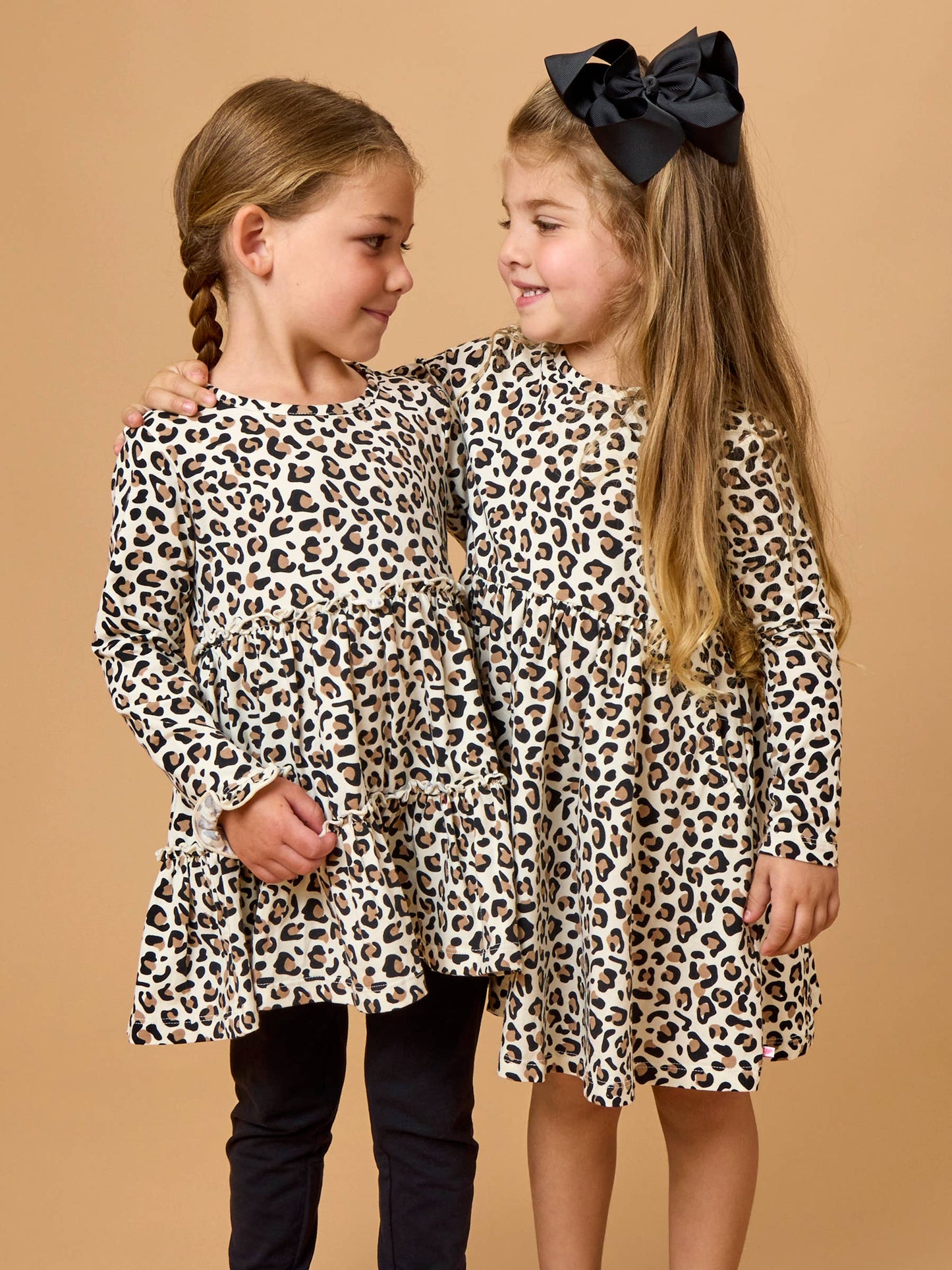 RuffleButts + RuggedButts - Girls Classic Leopard Knit Long Sleeve Twirl Dress