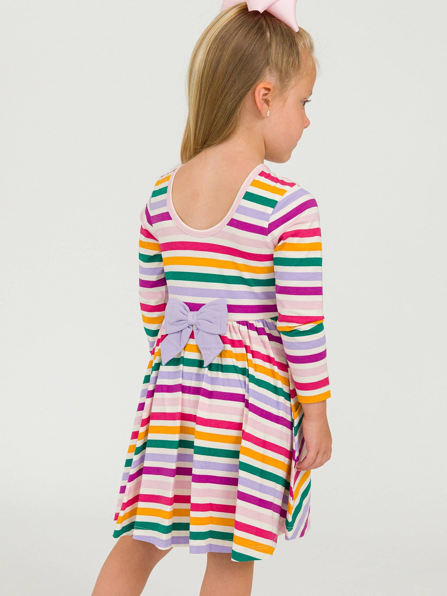 Girls Colorful Rainbow Stripe Knit Long Sleeve Twirl Dress