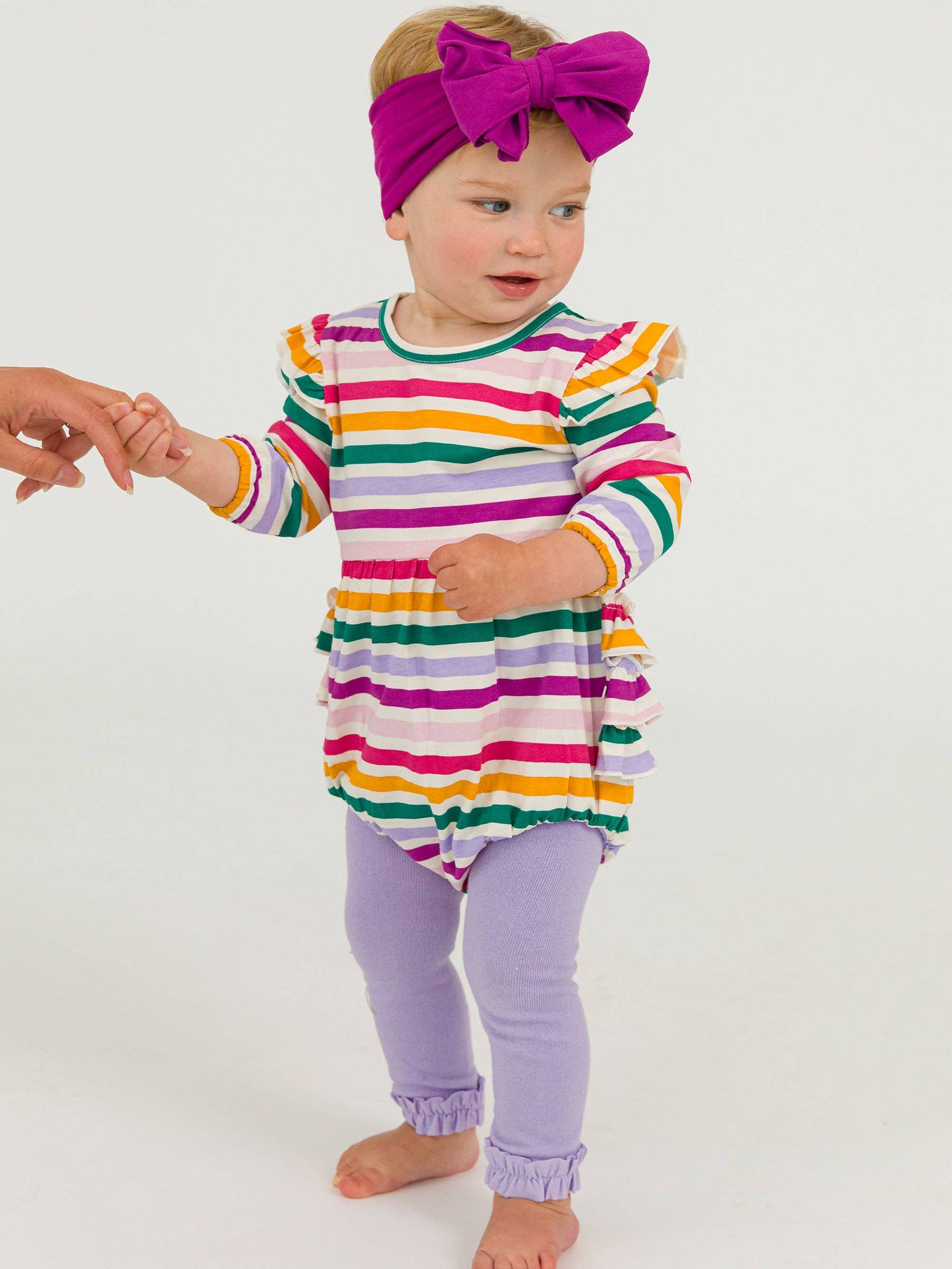 Baby Girls Colorful Rainbow Stripe Knit Long Sleeve Flutter Bubble Romper