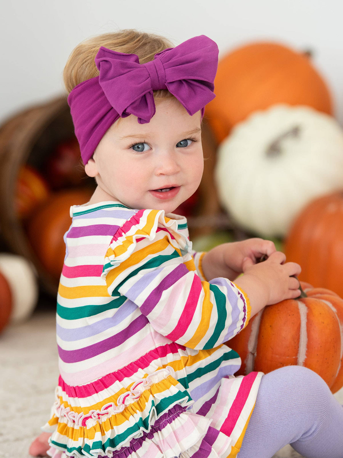 Baby Girls Colorful Rainbow Stripe Knit Long Sleeve Flutter Bubble Romper