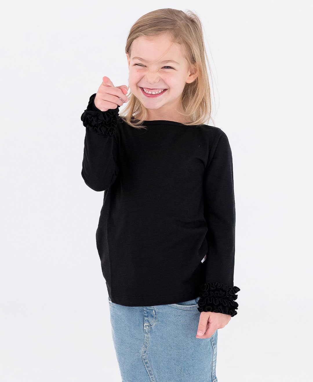 Girls Black Ruffled Long Sleeve Layering Tee