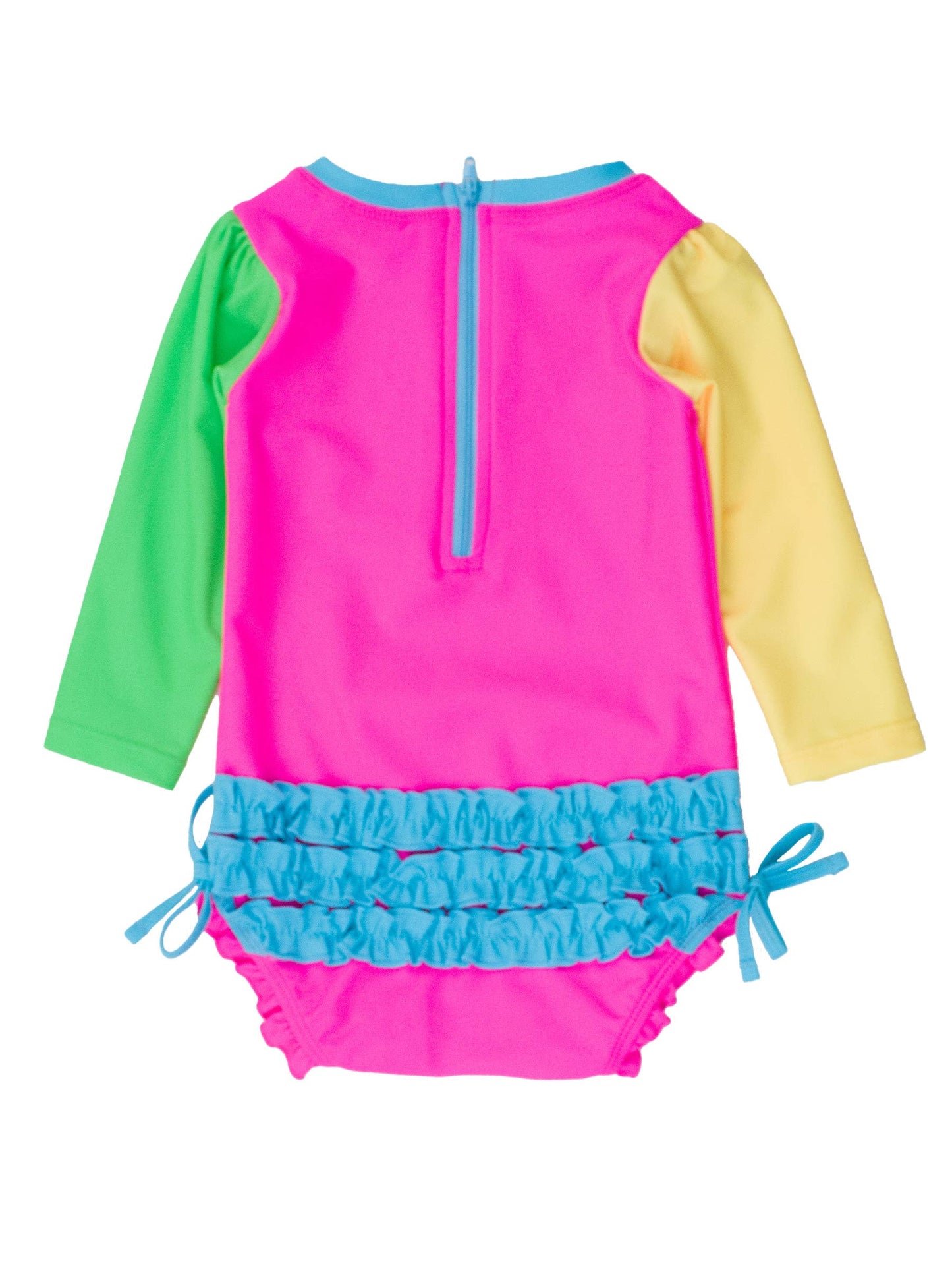 RuffleButts + RuggedButts - Baby Girls Neon Color Block Long Sleeve One Piece Rash Guard