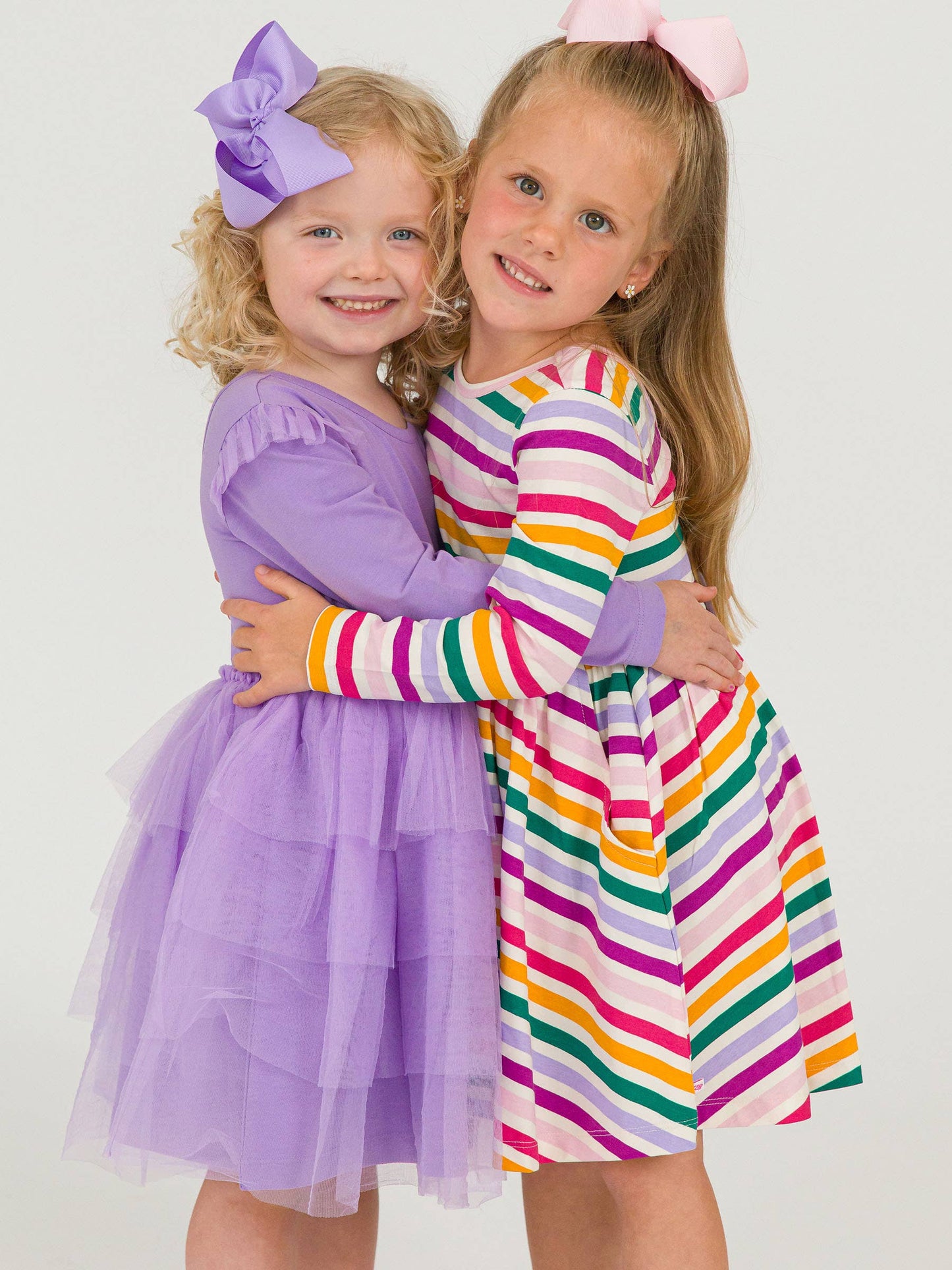 Girls Colorful Rainbow Stripe Knit Long Sleeve Twirl Dress