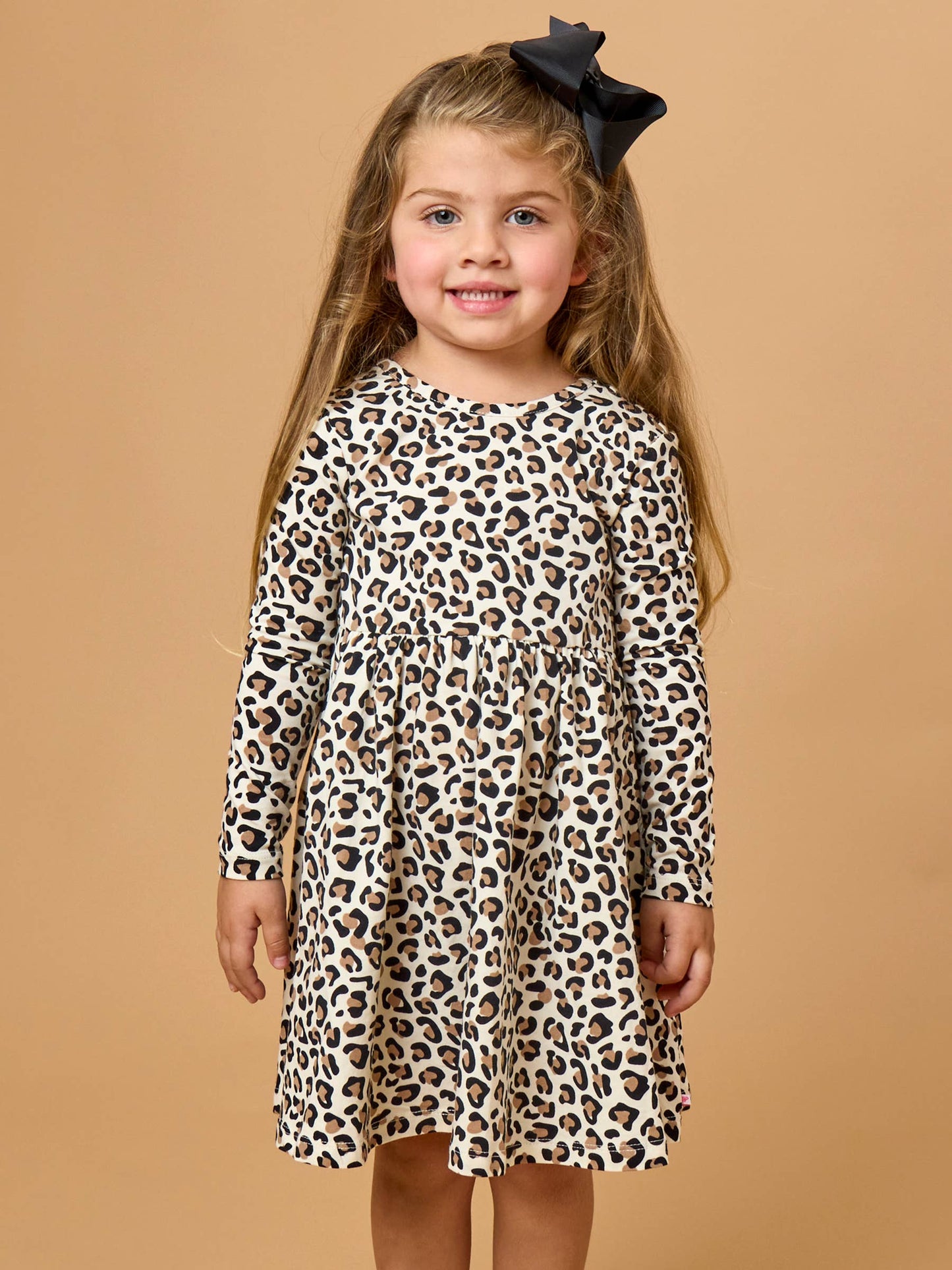 RuffleButts + RuggedButts - Girls Classic Leopard Knit Long Sleeve Twirl Dress