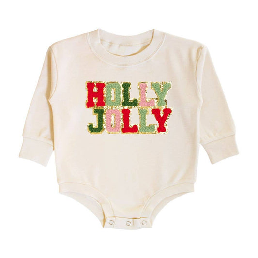 Holly Jolly Patch Christmas Long Sleeve Romper