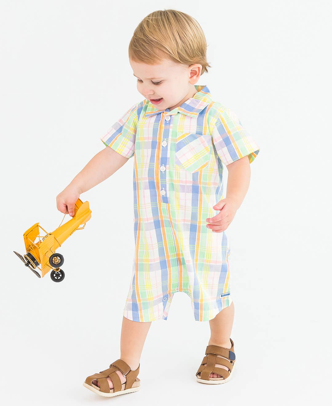 Clubhouse Rainbow Plaid Short Sleeve Woven Button-Up Romper