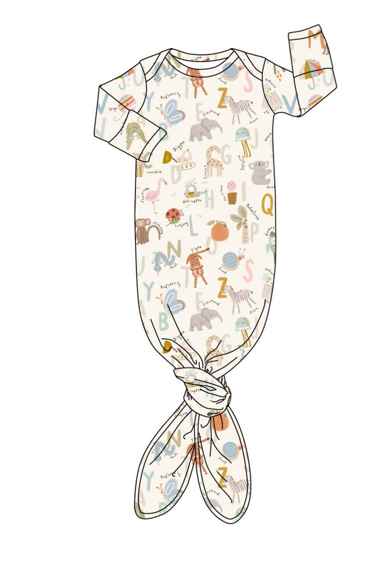 Bird & Bean® - Baby Bamboo Knotted Baby Gown + Hat Gift Set - Animal ABC