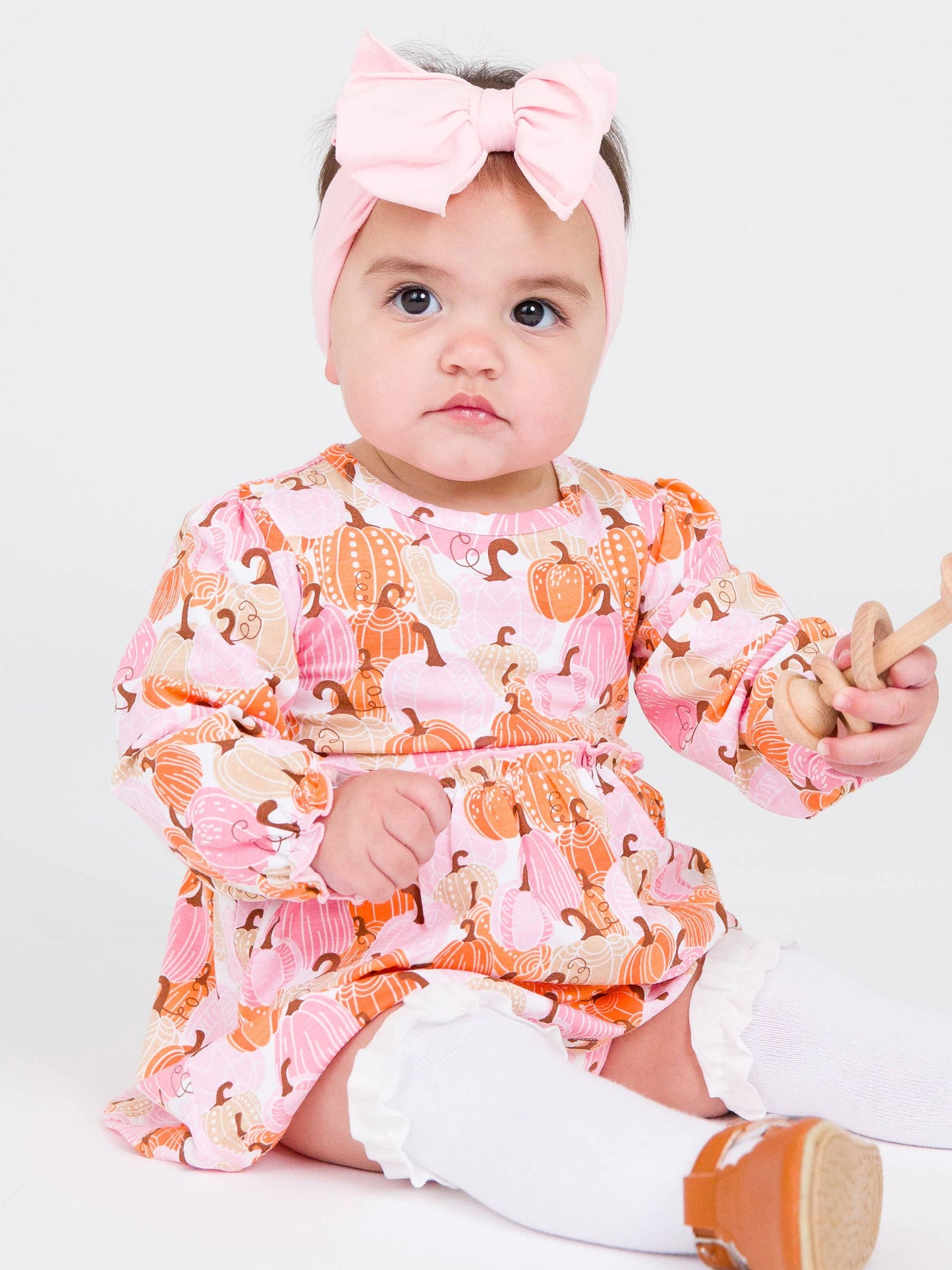 Baby Girls Pink Pumpkin Patch Knit Long Sleeve Skirted Romper