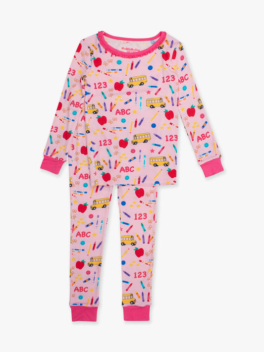 Girls Pink School House Bamboo Viscose Ruffle Long Sleeve Pajama