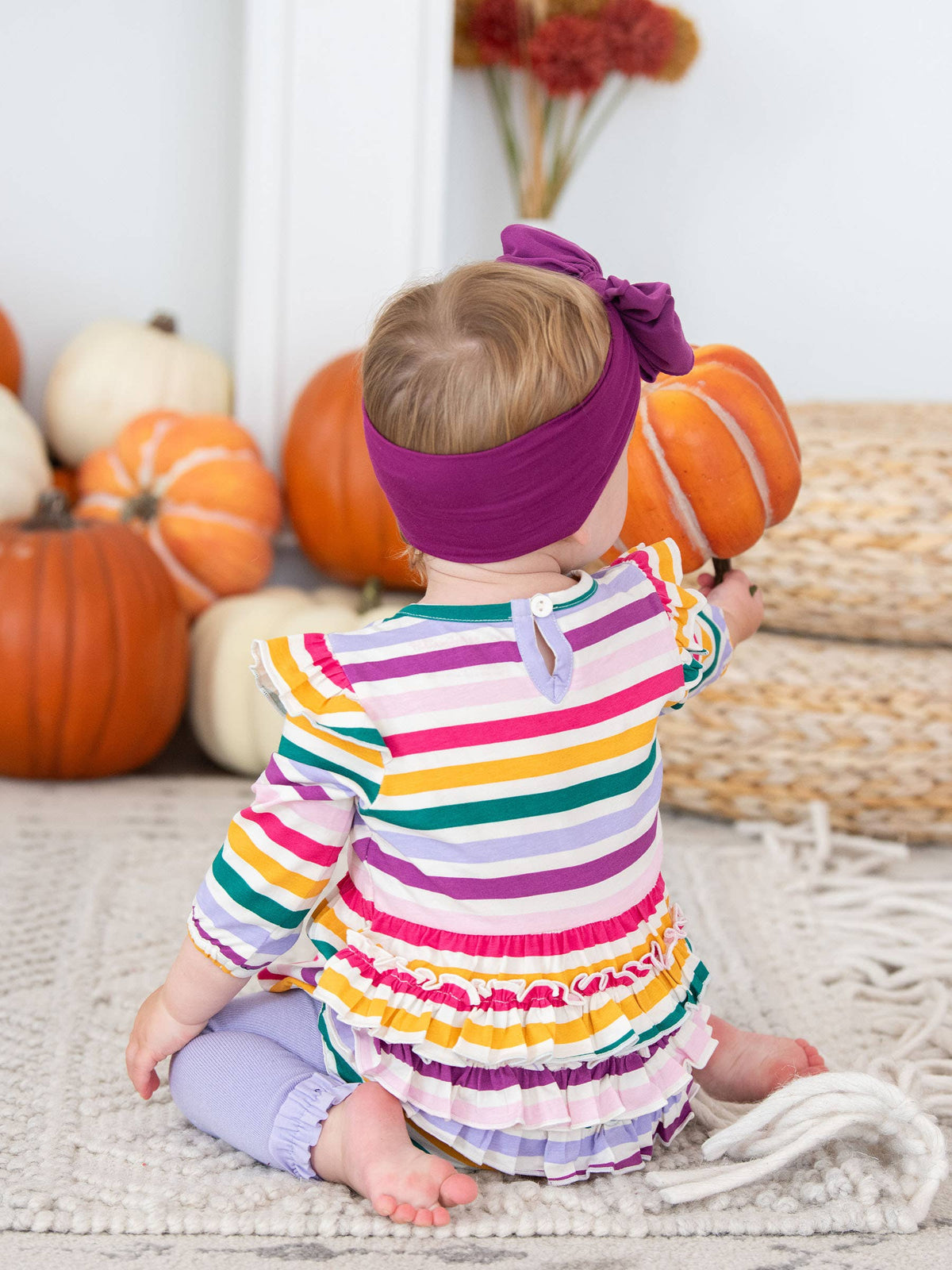 Baby Girls Colorful Rainbow Stripe Knit Long Sleeve Flutter Bubble Romper