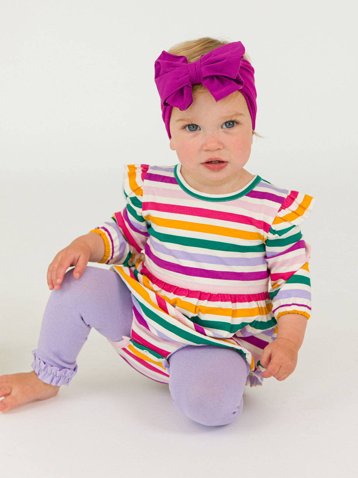 Baby Girls Colorful Rainbow Stripe Knit Long Sleeve Flutter Bubble Romper