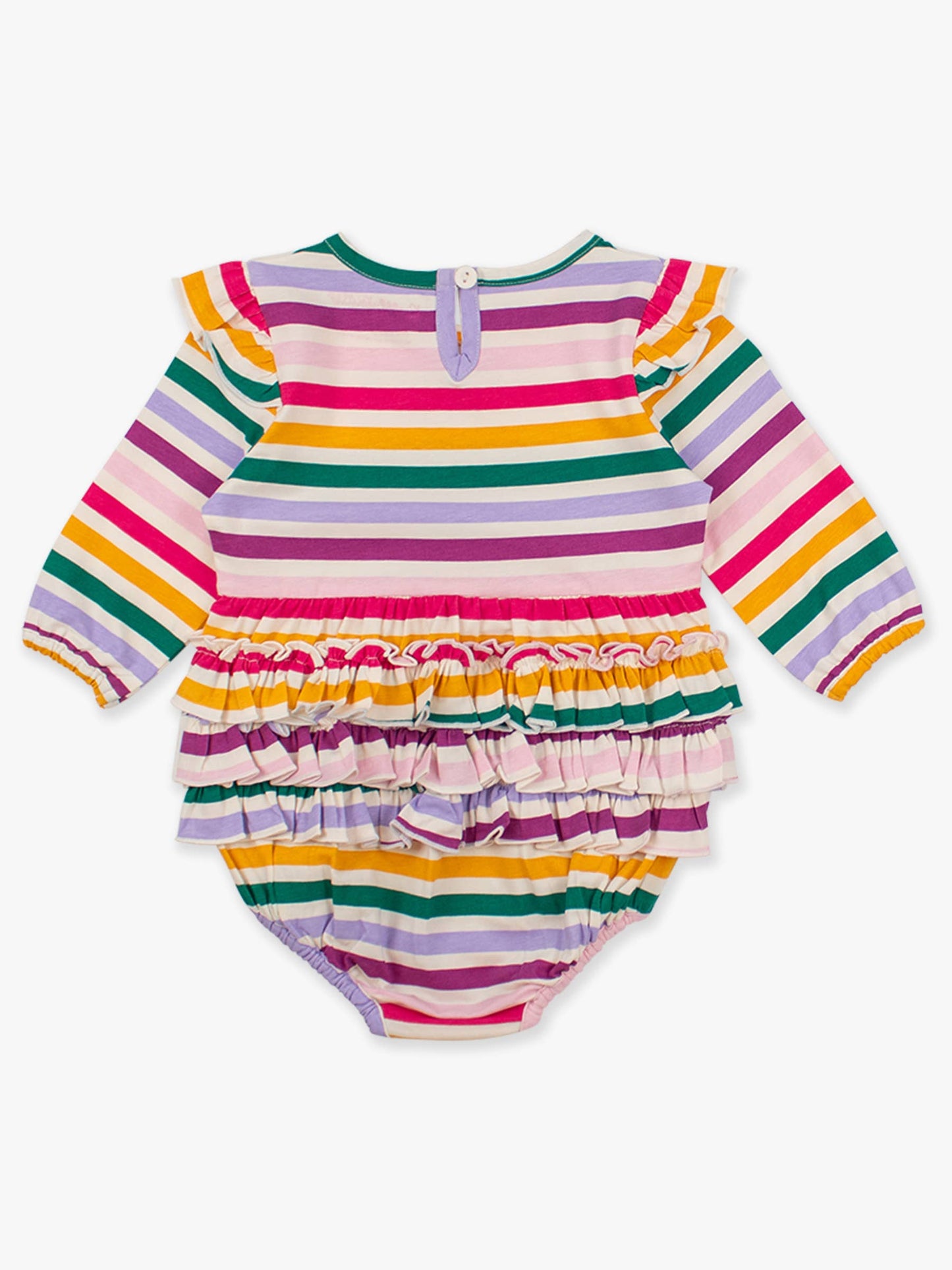 Baby Girls Colorful Rainbow Stripe Knit Long Sleeve Flutter Bubble Romper