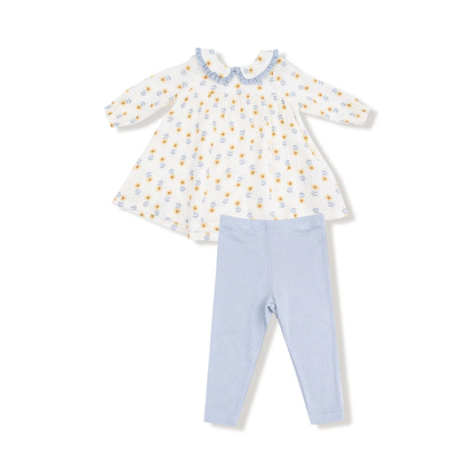 Peter Pan Collar Dress With Eyelet Trim And Ribbed Leggings in Western Sunflower